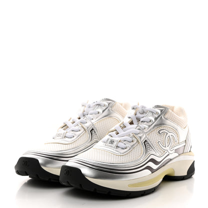 Chanel Fabric Laminated Calfskin Stretch CC Womens Sneakers 38.5 White Silver 3 of 9