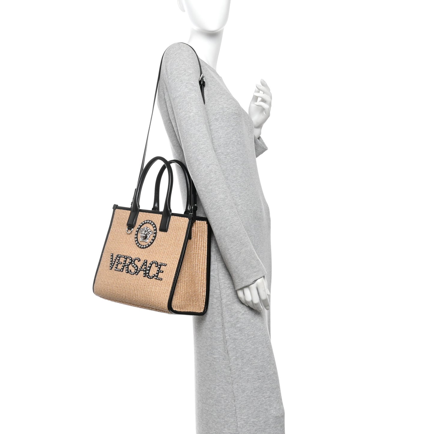 Raffia Studded La Medusa Tote Beige