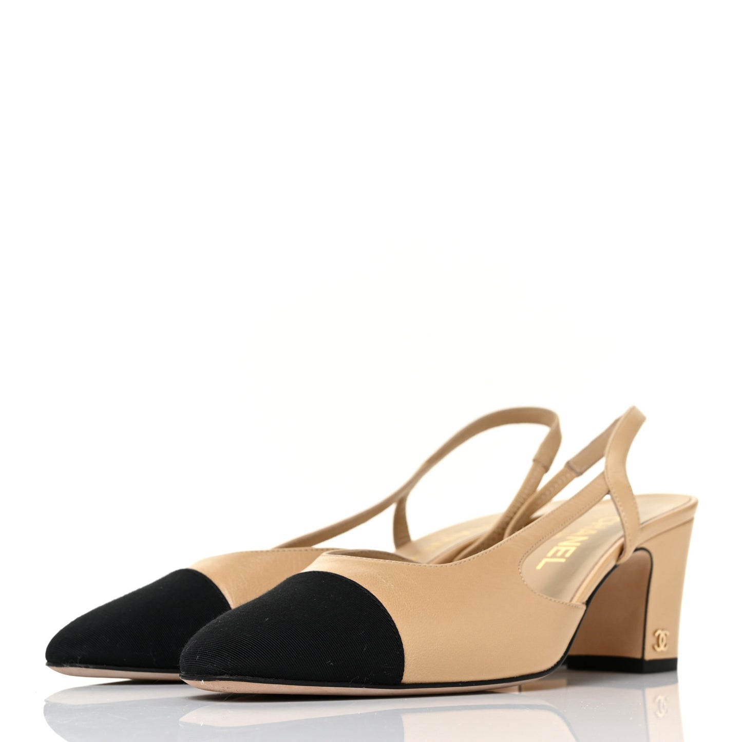Goatskin Grosgrain Cap Toe CC Slingback Sandals 38.5 Beige Black