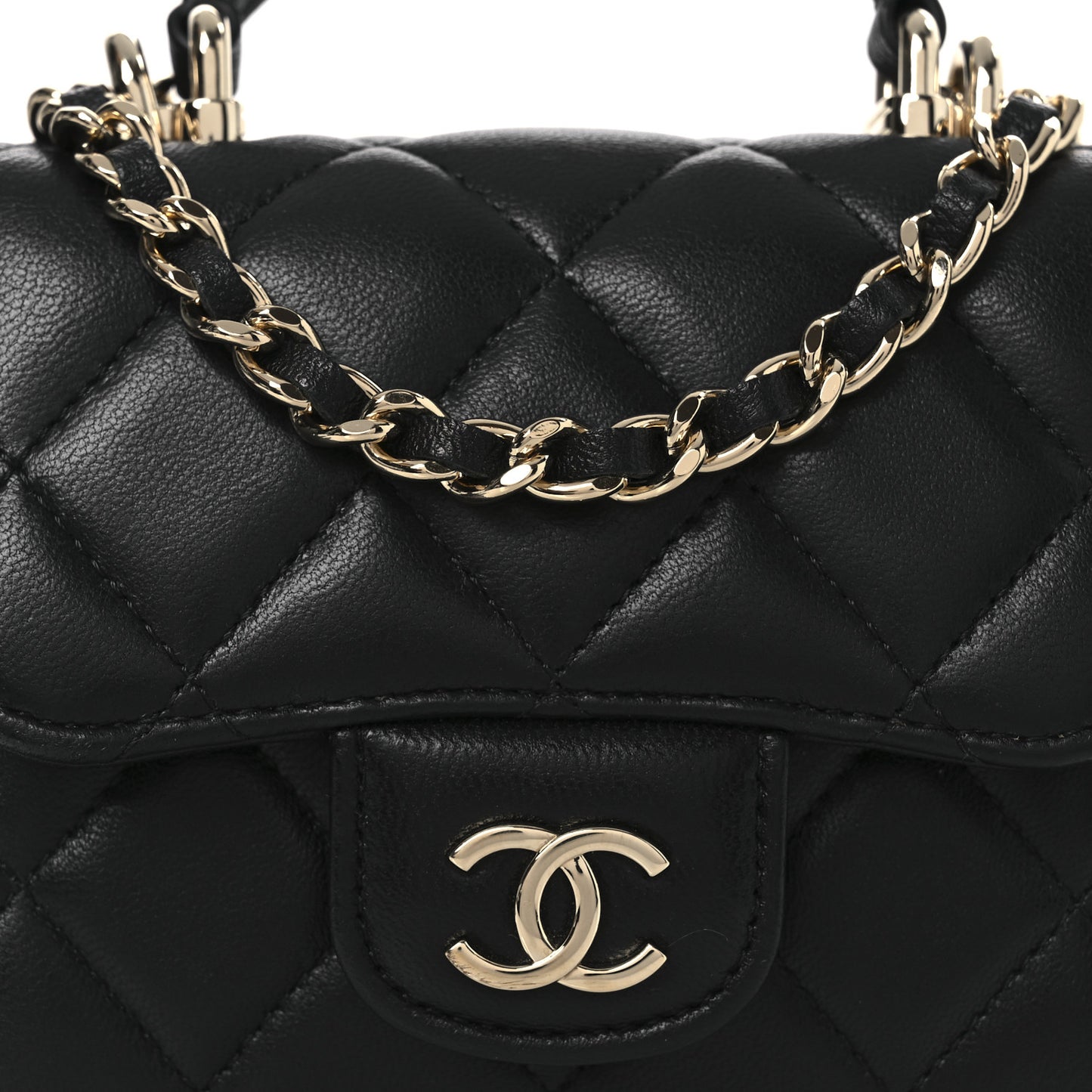Lambskin Quilted Top Handle Flap Clutch With Chain Black