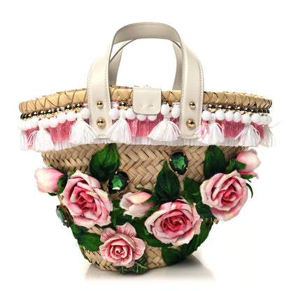 Dolce & Gabbana Woven Raffia Calfskin Rose Embellished Mini Kendra Tote Pink Multicolor 1 of 9