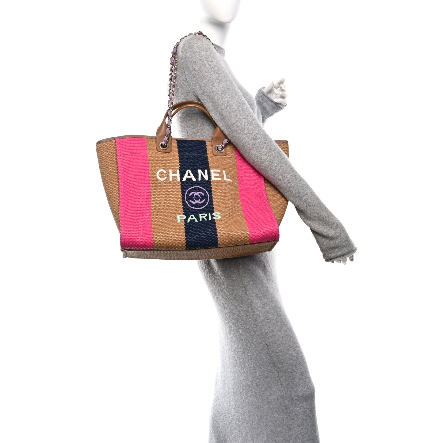 Straw Raffia Calfskin Striped Medium Deauville Tote Dark Beige Fuchsia Navy Blue