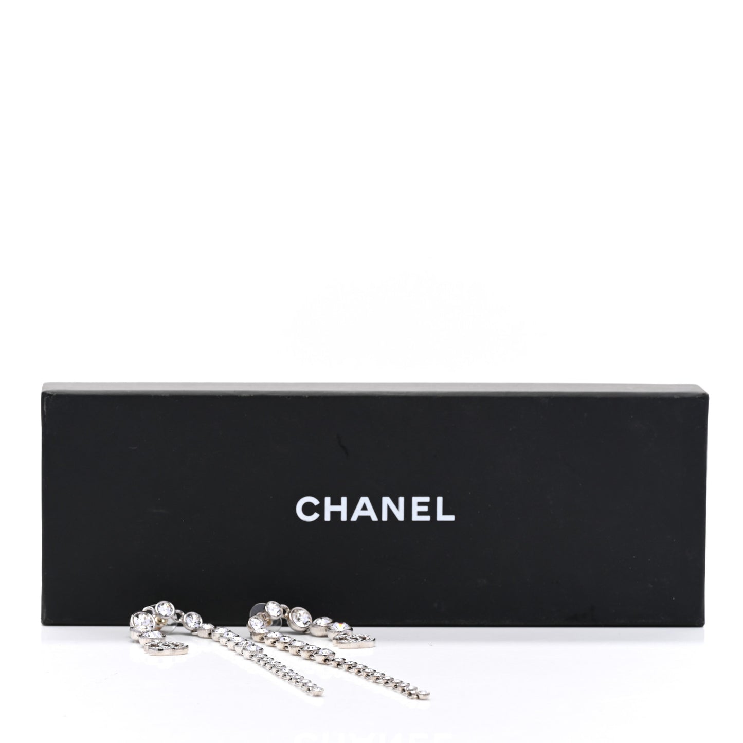 Metal Crystal CC Long Drop Earrings Silver