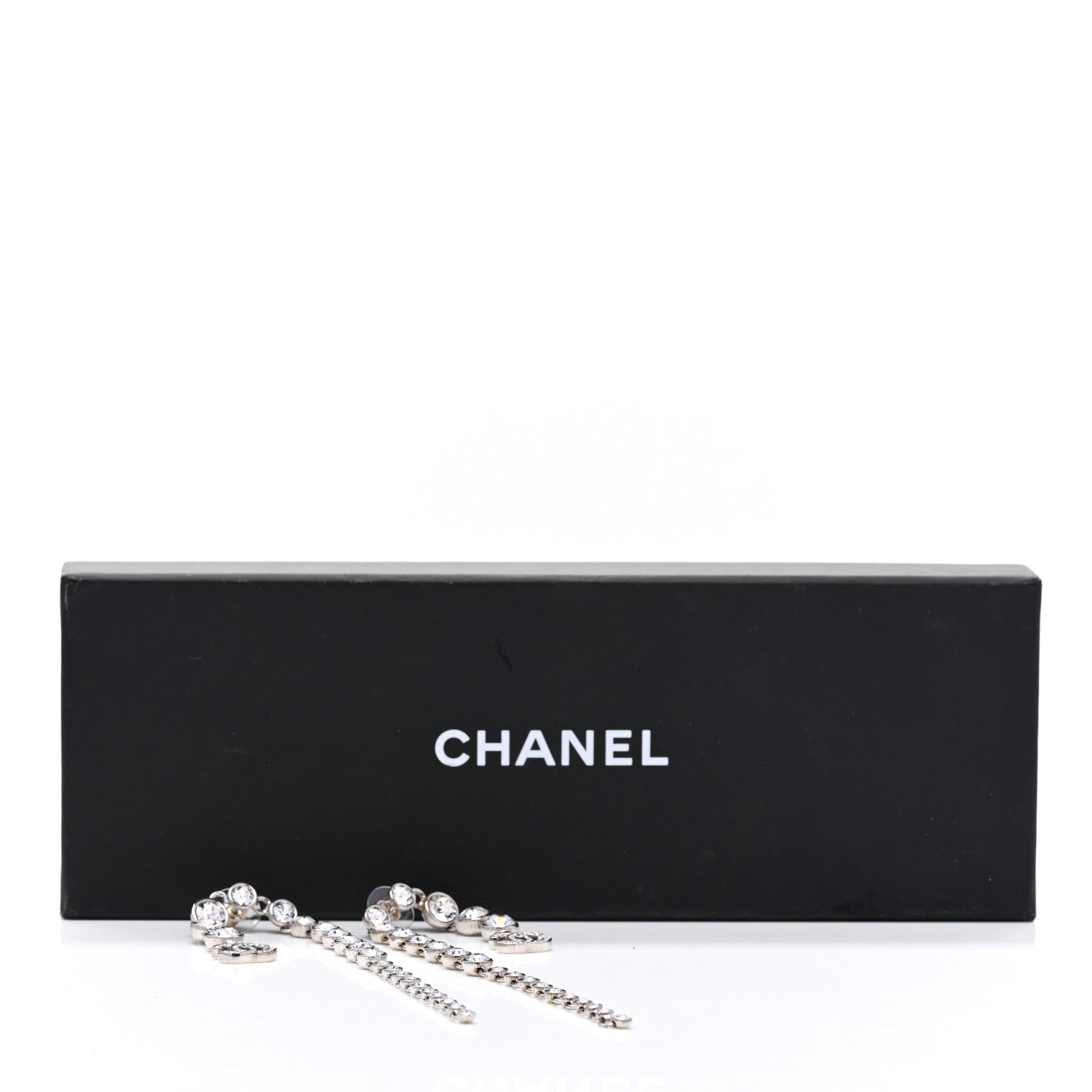 Chanel Metal Crystal CC Long Drop Earrings Silver 5 of 5
