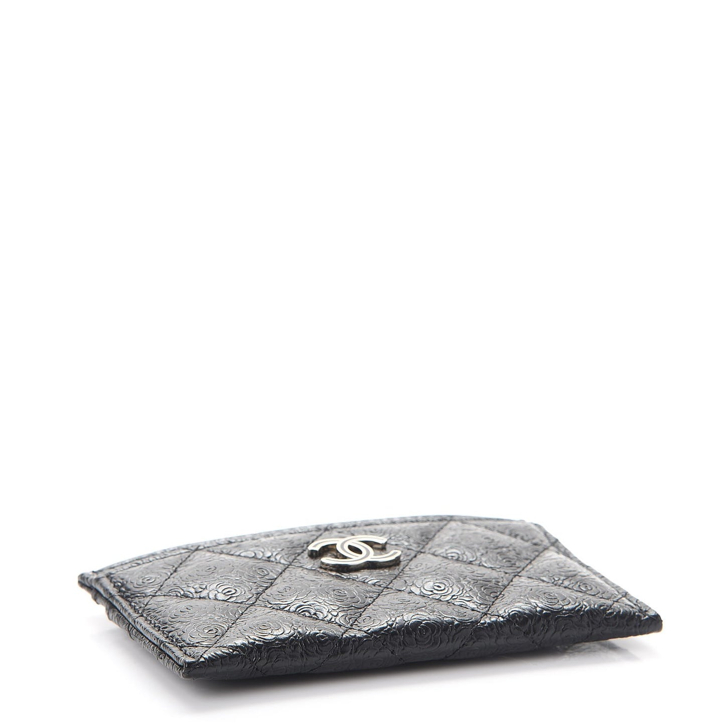 Calfskin Camellia Embossed Quilted Card Holder Black