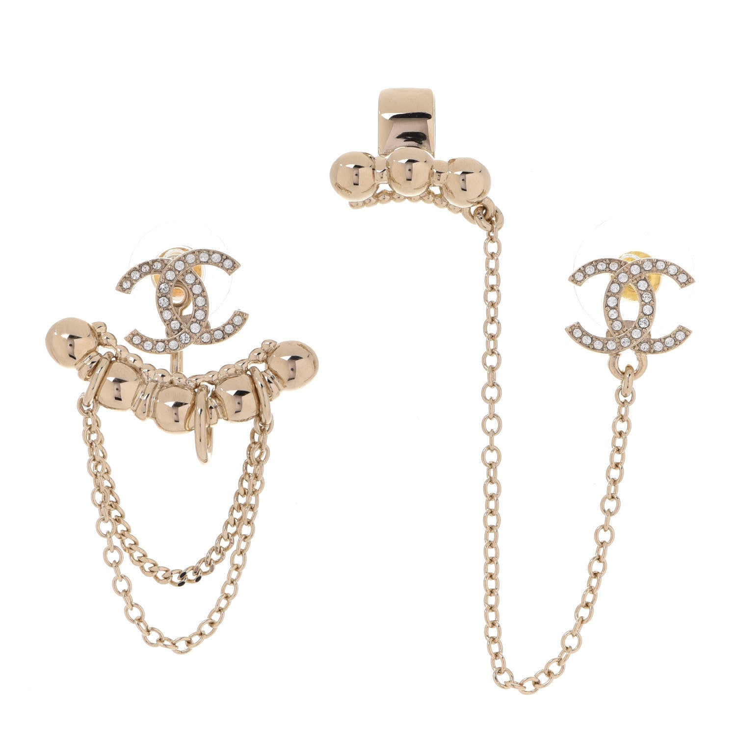 Chanel Metal Crystal CC Chain Cuff Earrings Gold 1 of 5