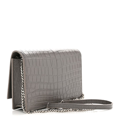 Saint Laurent Calfskin Crocodile Embossed Kate Monogram Tassel Chain Wallet Fog 3 of 12