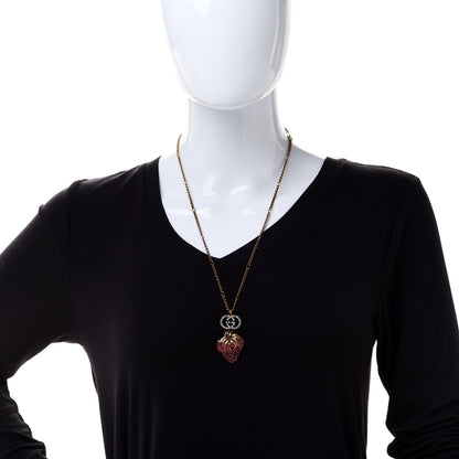 Gucci Crystal Embellished Strawberry Necklace Red Aged Gold 2 of 7