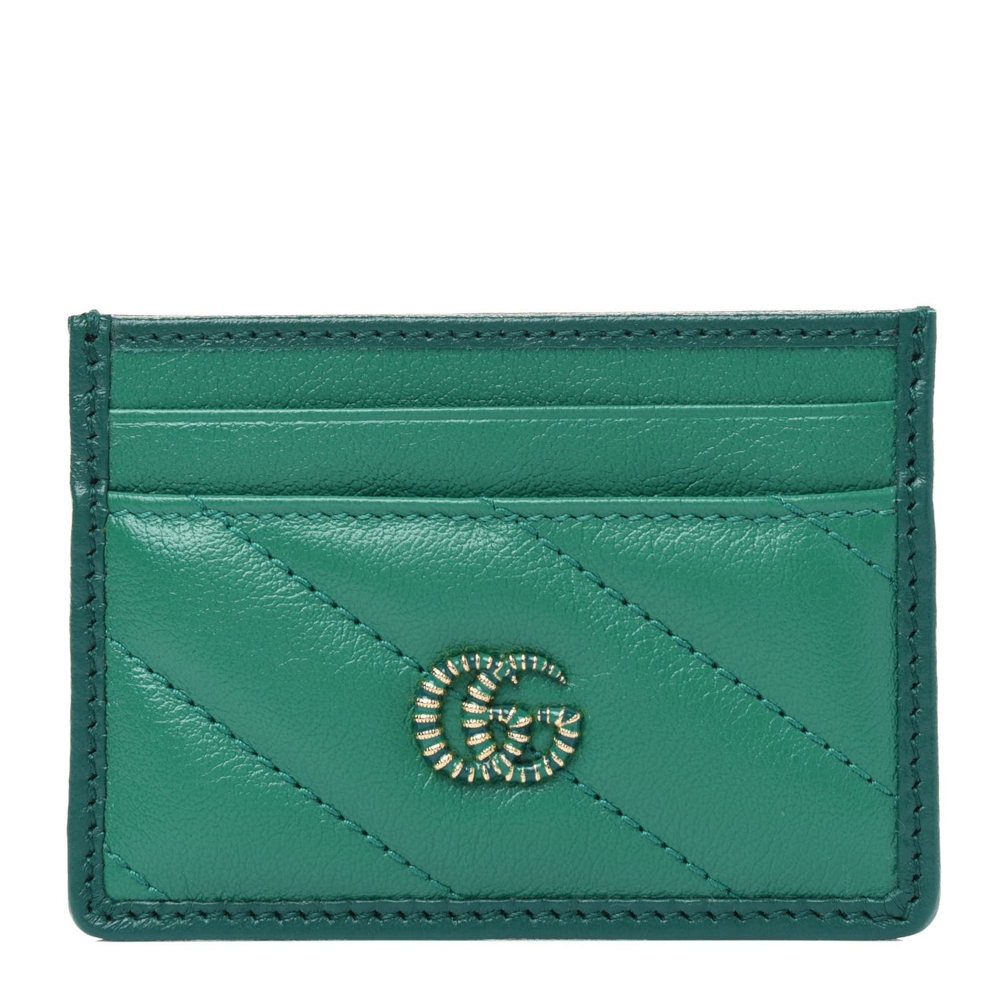 Azalea Calfskin Enamel Matelasse Diagonal Torchon GG Marmont Card Holder New Shamarock Emerald