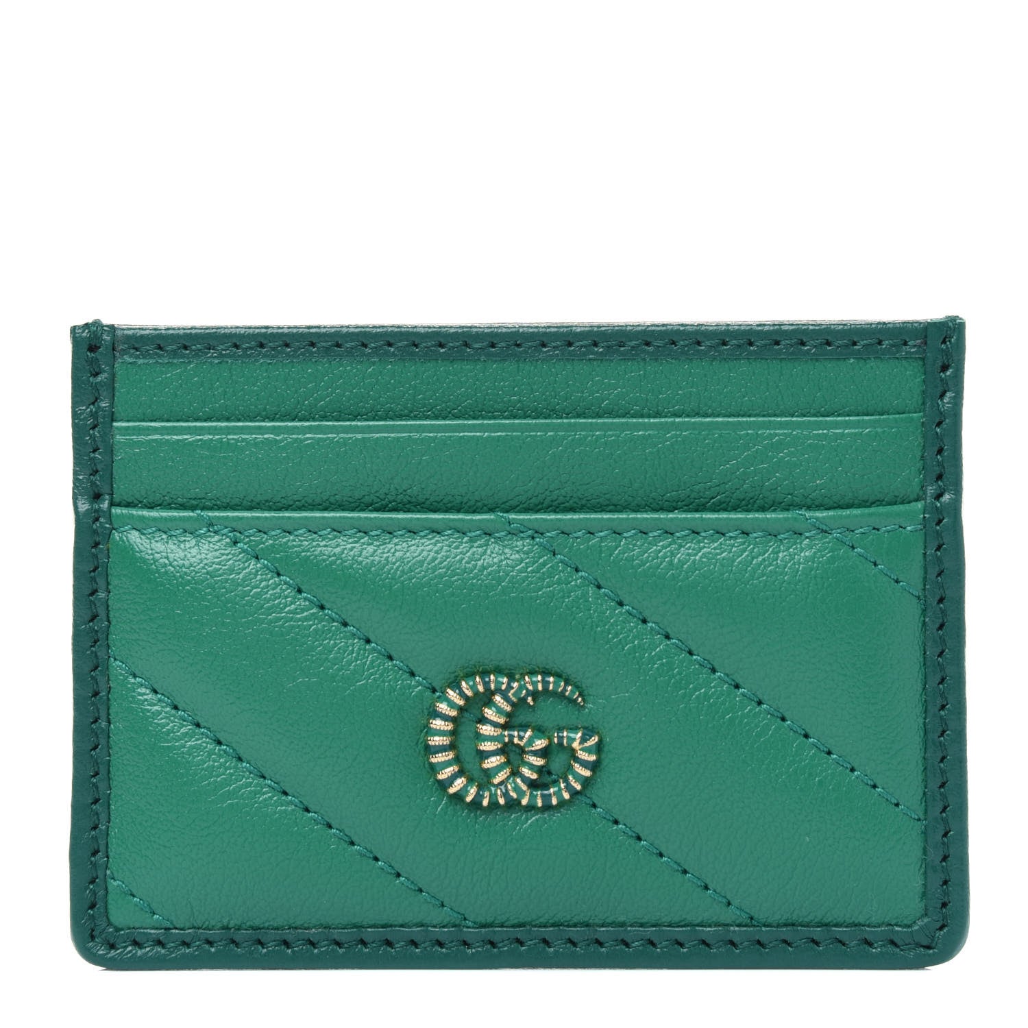 Gucci Azalea Calfskin Enamel Matelasse Diagonal Torchon GG Marmont Card Holder New Shamarock Emerald 1 of 4