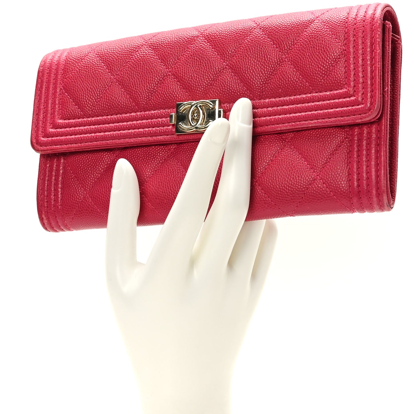 Caviar Quilted Large Boy Gusset Flap Wallet Fuchsia