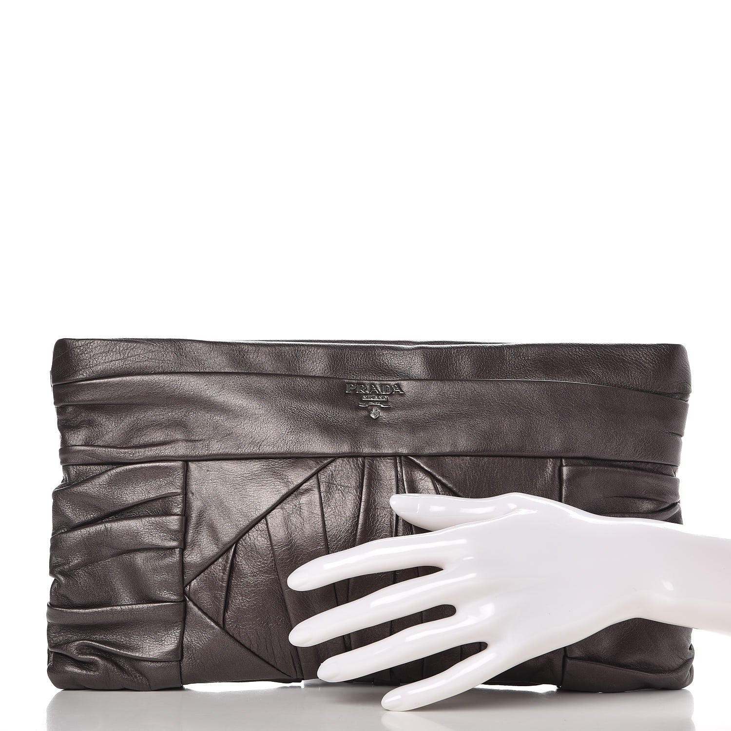 Prada Royal Calf Pleated Clutch Grafite Mordore 2 of 7