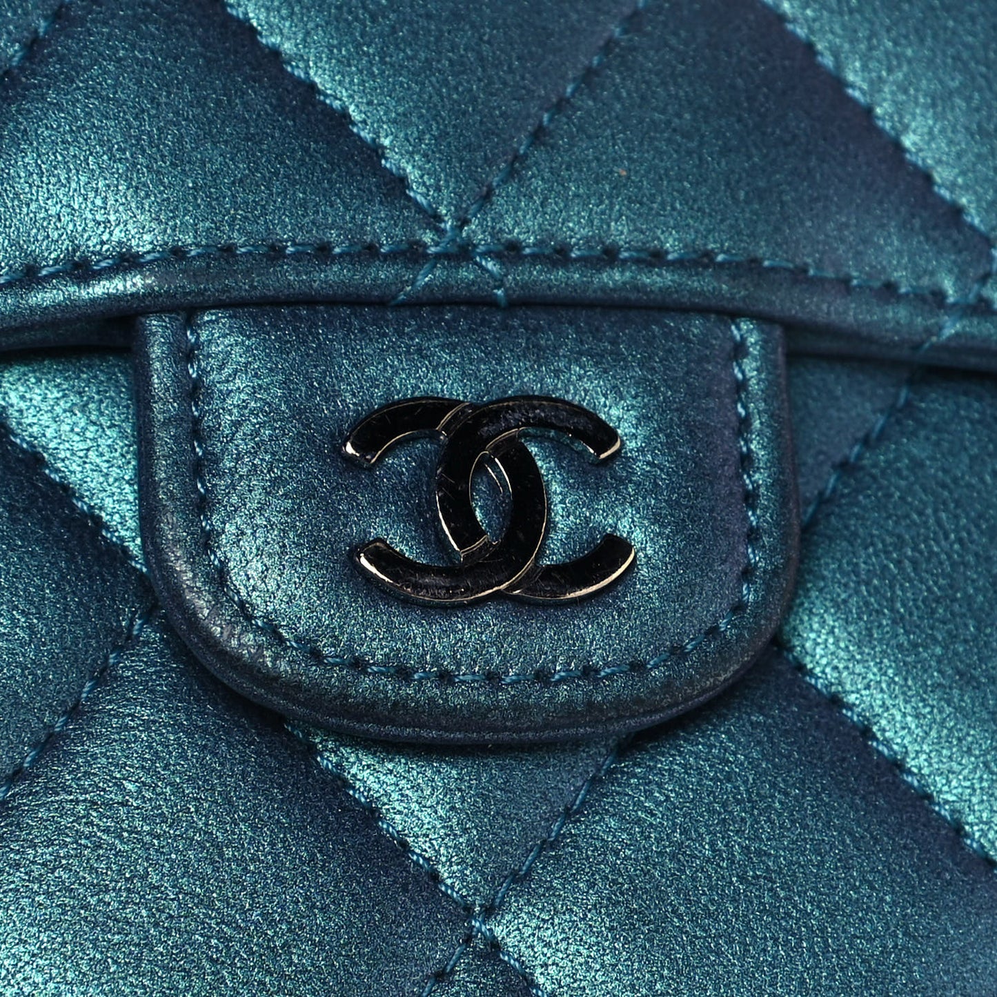 Metallic Lambskin Quilted Compact Flap Wallet Turquoise