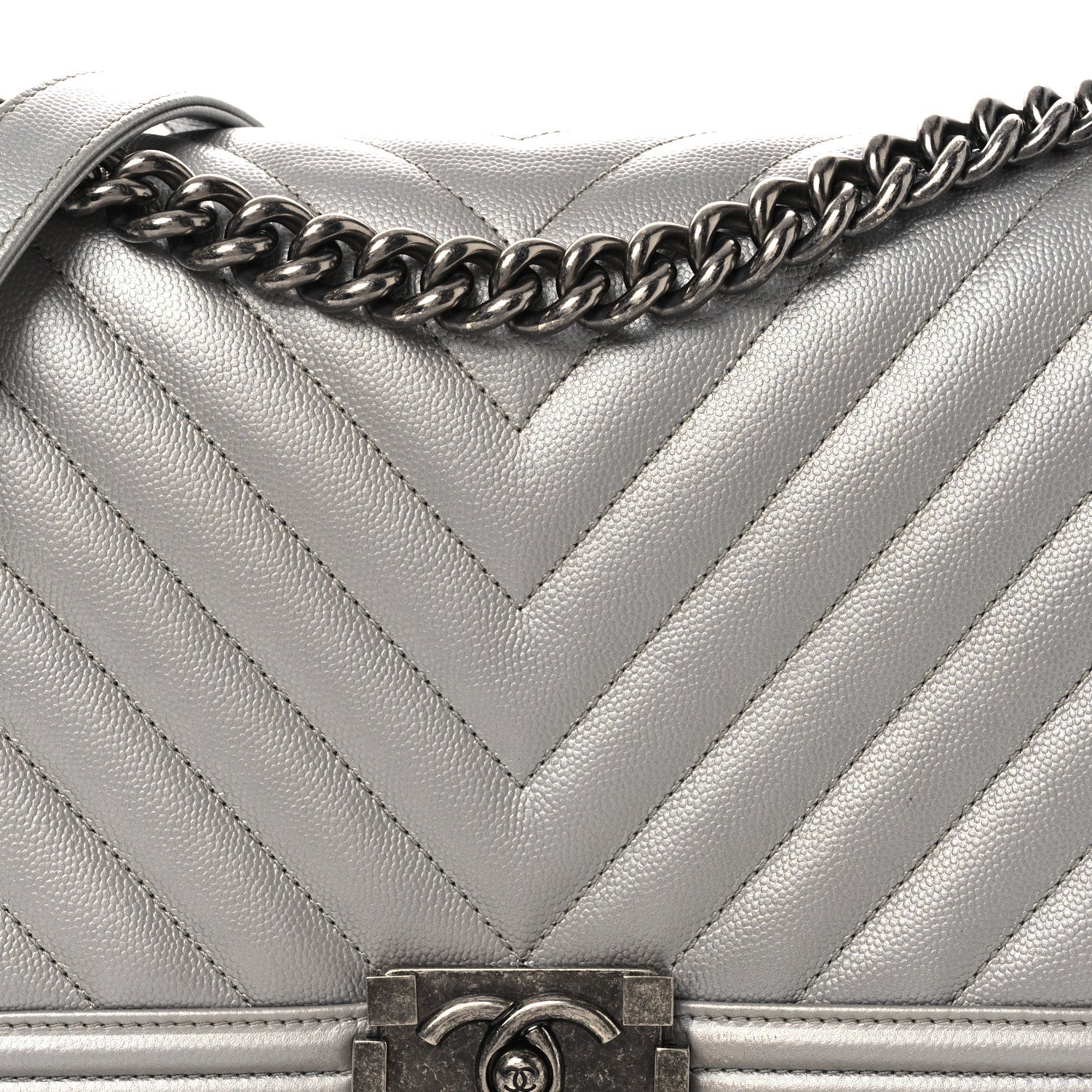Chanel Metallic Caviar Chevron Quilted New Medium Boy Flap Silver 8 of 14