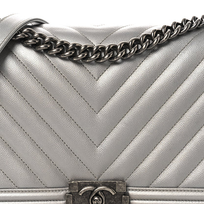 Chanel Metallic Caviar Chevron Quilted New Medium Boy Flap Silver 8 of 14