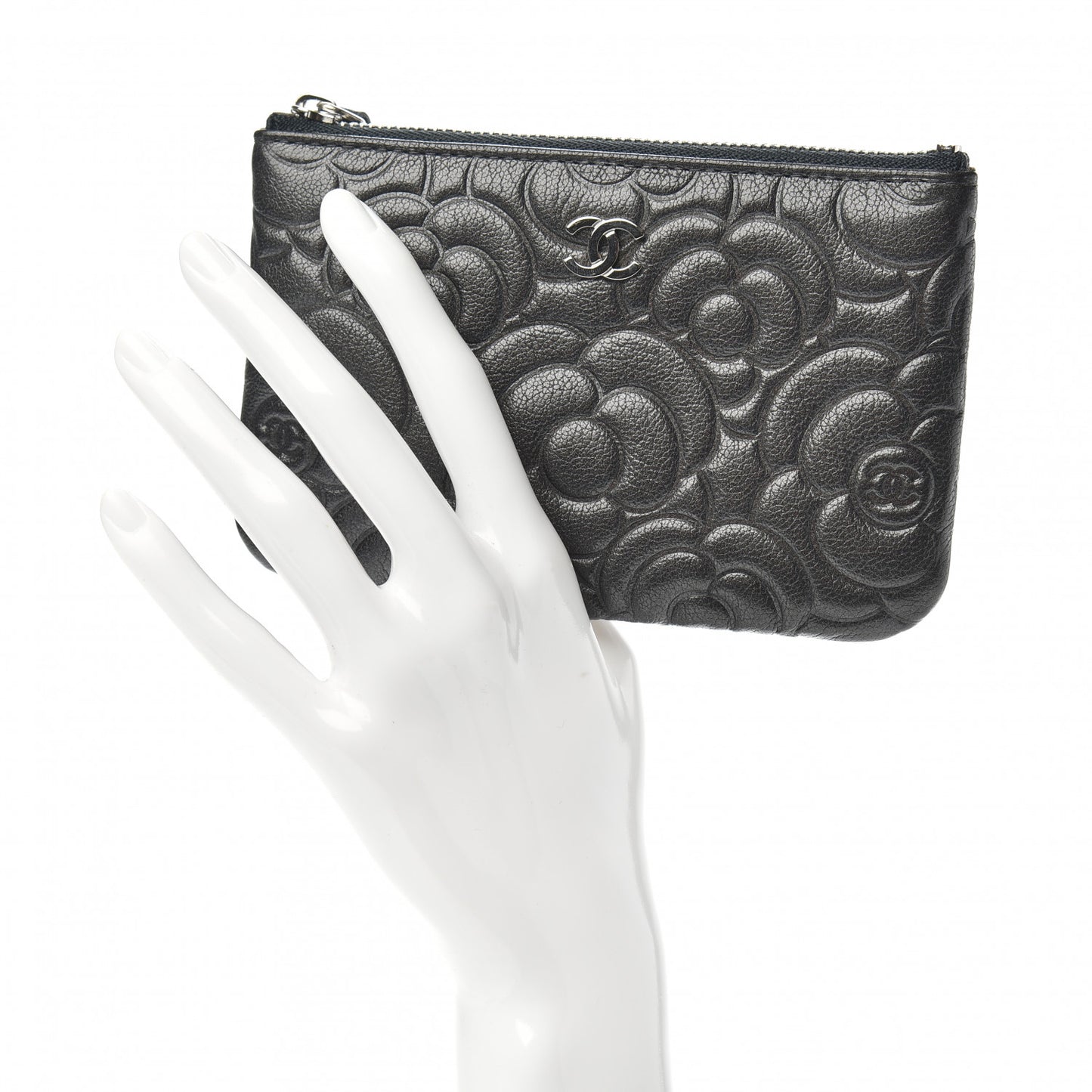 Goatskin Camellia Embossed Cosmetic Pouch Anthracite
