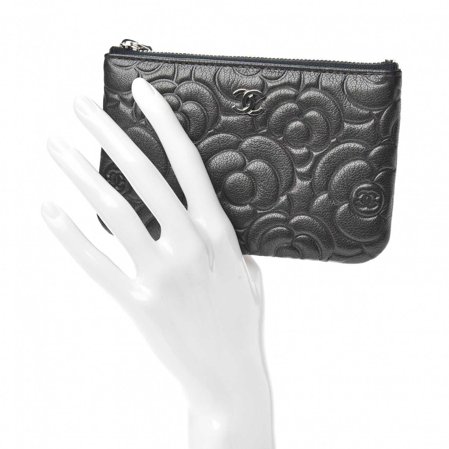 Chanel Goatskin Camellia Embossed Cosmetic Pouch Anthracite 2 of 8