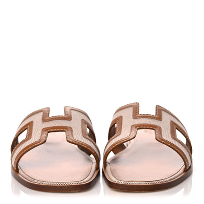 Hermes Calfskin Canvas Oran Sandals 39 Noisette Beige Dore 2 of 9