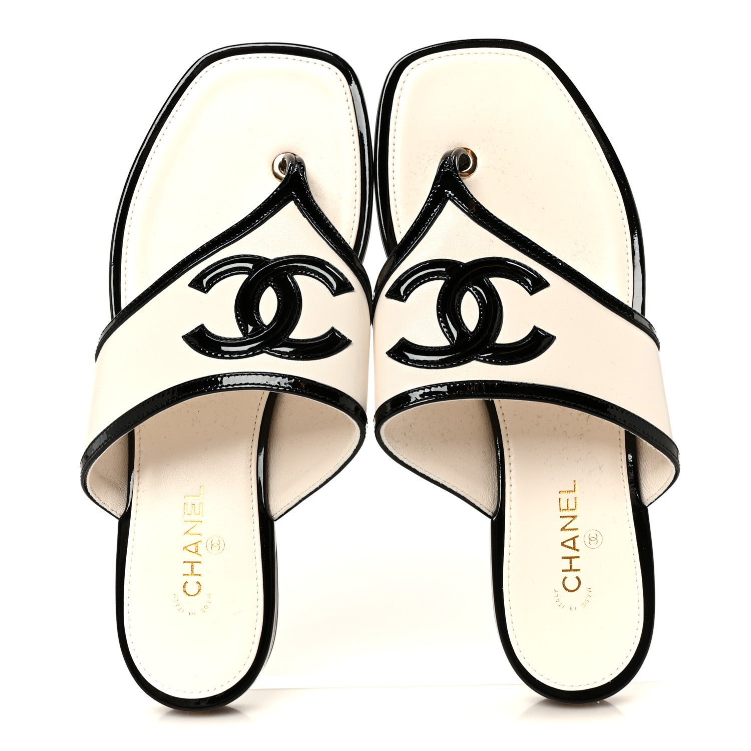 Chanel Lambskin Patent Calfskin CC Thong Sandals 37 White Black 2 of 9