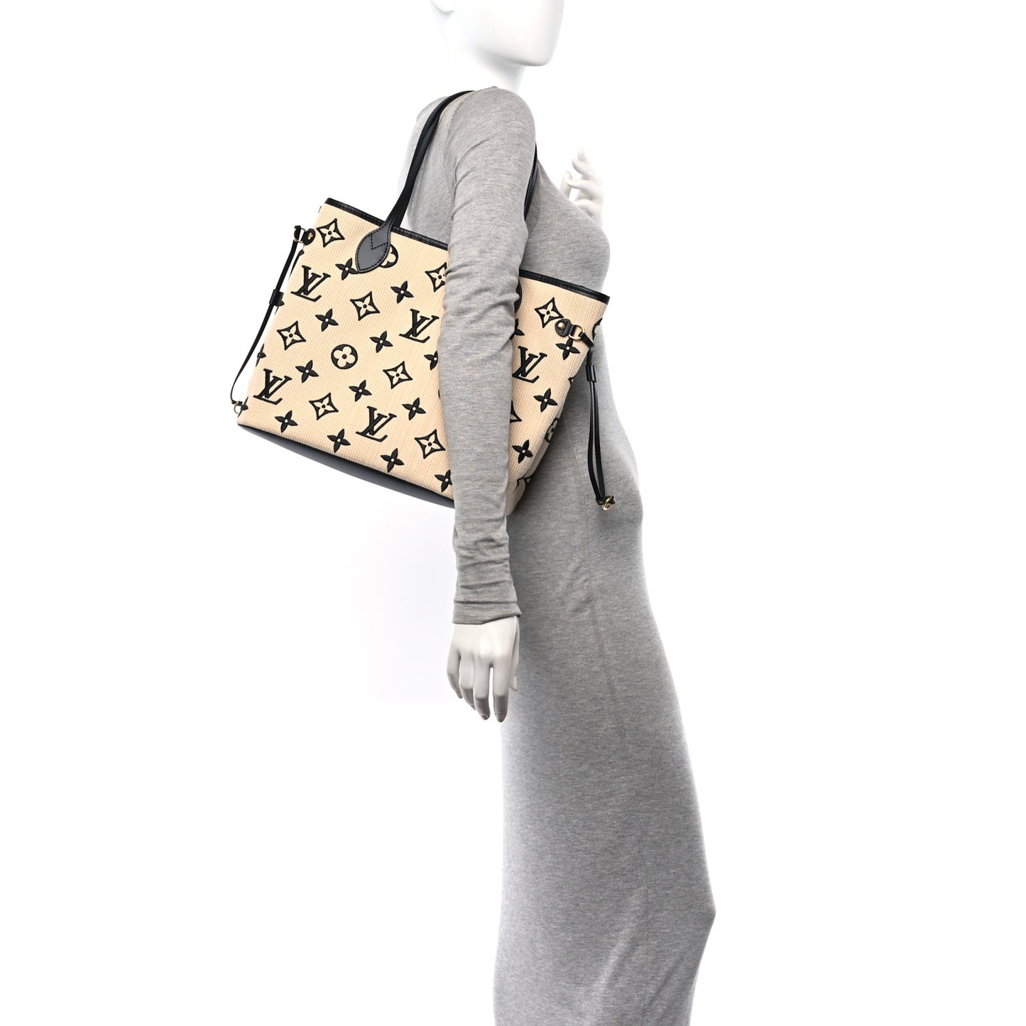 Cotton Monogram Embroidered Neverfull MM Beige Black