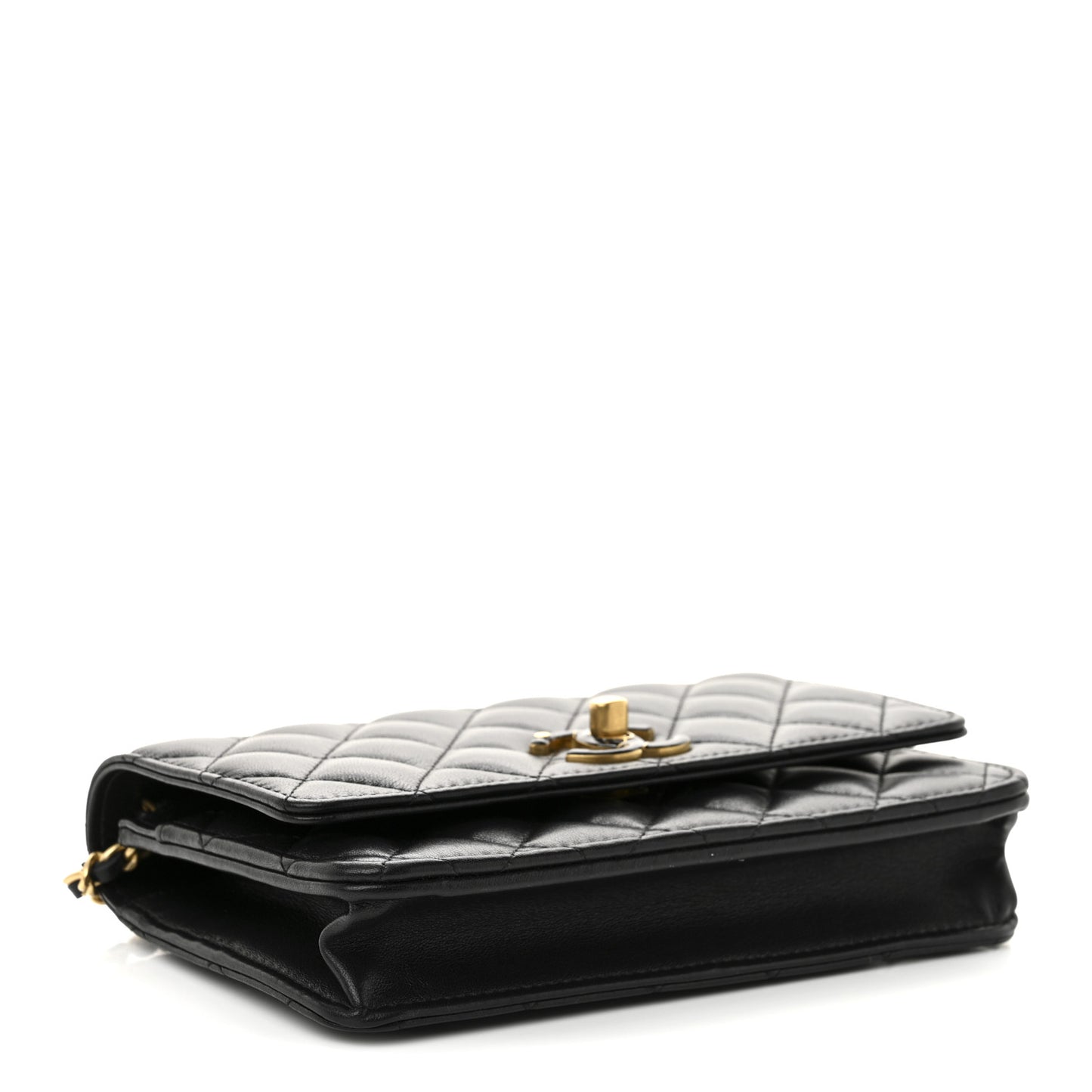 Shiny Lambskin Quilted Enamel Wallet On Chain WOC Black