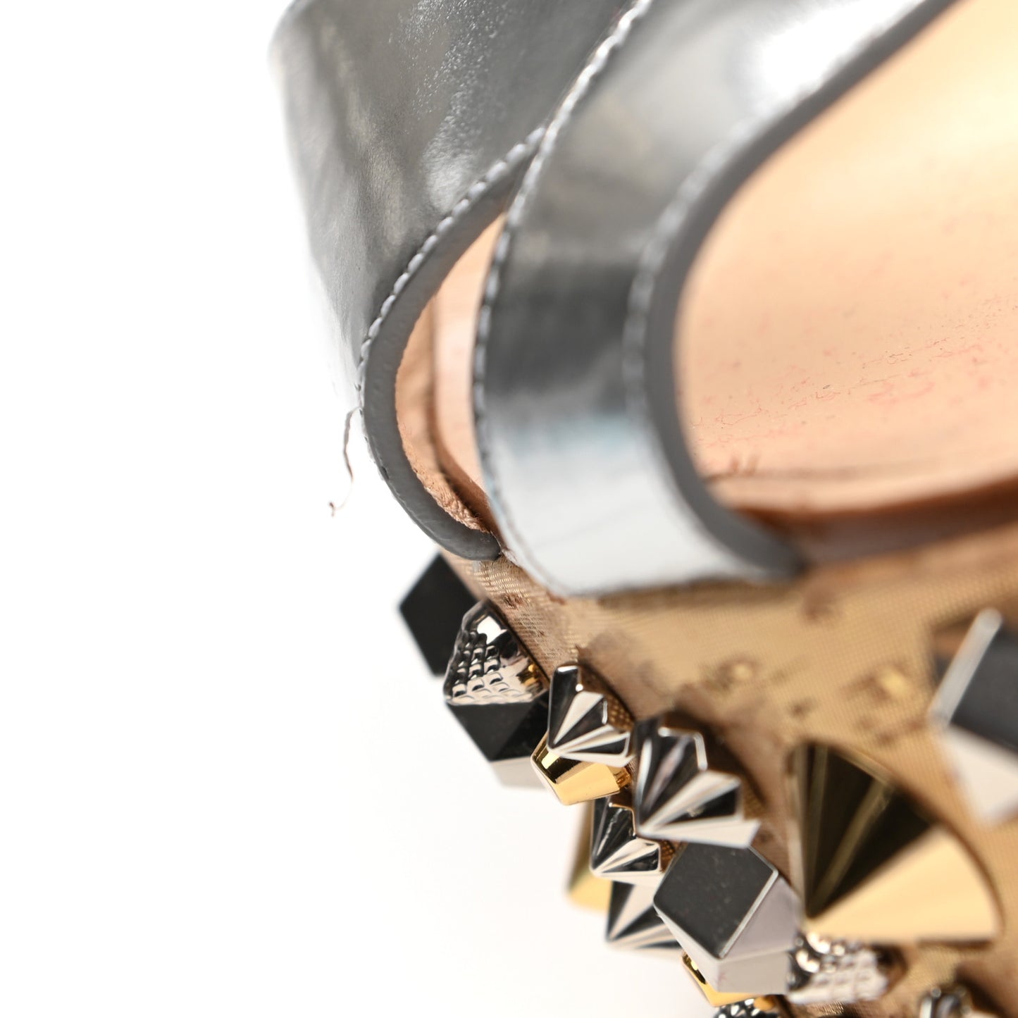 Calfskin Lame Cork Almericca 120 Studded Wedge Sandals 42 Silver