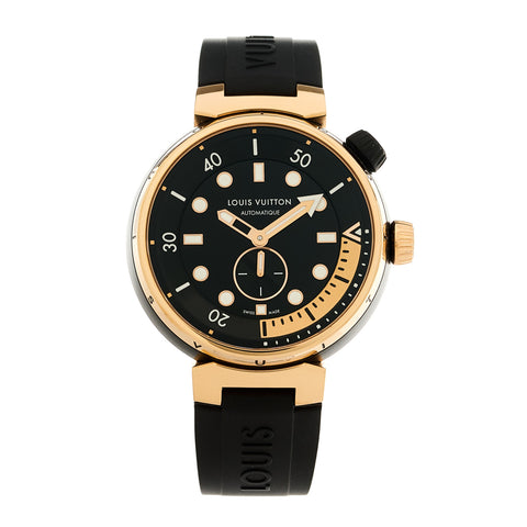 Stainless Steel 18K Rose Gold Rubber 44mm Tambour Street Diver Automatic Watch Black