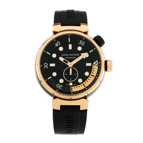 Louis Vuitton Stainless Steel 18K Rose Gold Rubber 44mm Tambour