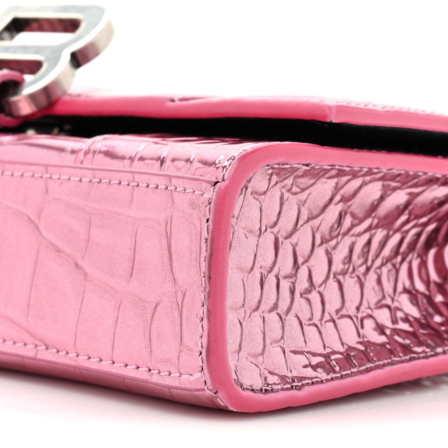 Metallic Shiny Calfskin Crocodile Embossed Hourglass Chain Bag Pink