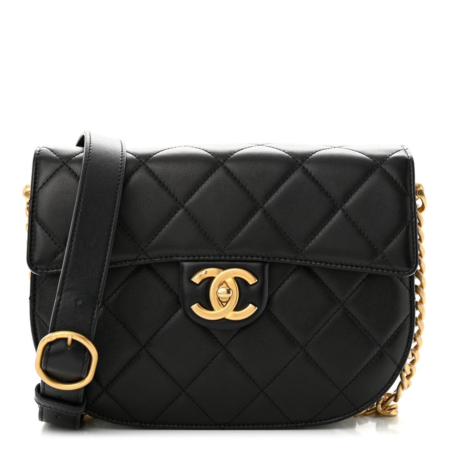 Calfskin Quilted Small Moon Messenger Black