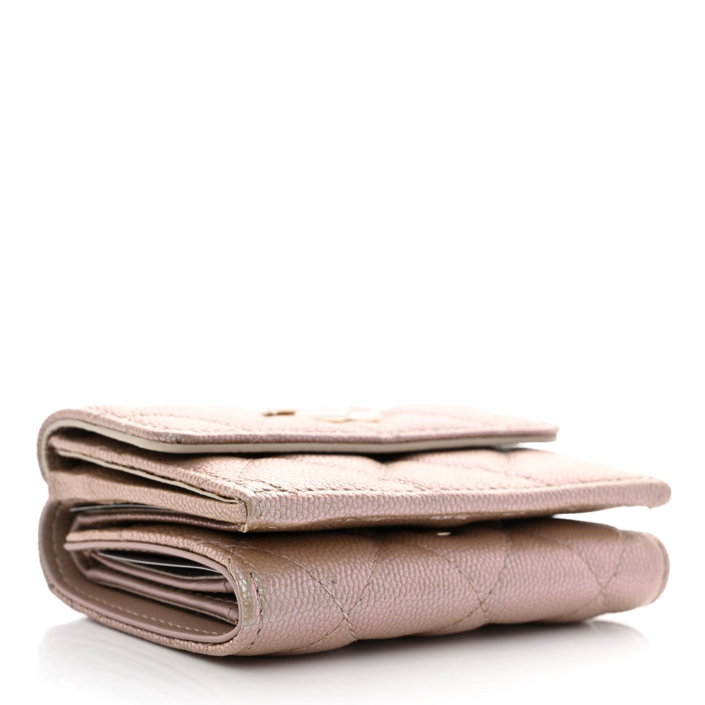 Iridescent Caviar Quilted Double Flap Wallet Beige