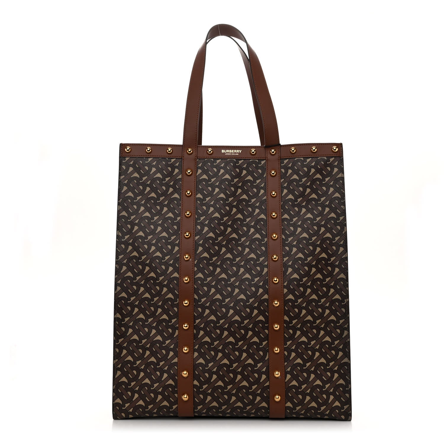 Burberry E-Canvas Monogram Studded Vertical Book Tote Tan Archive Beige 1 of 11