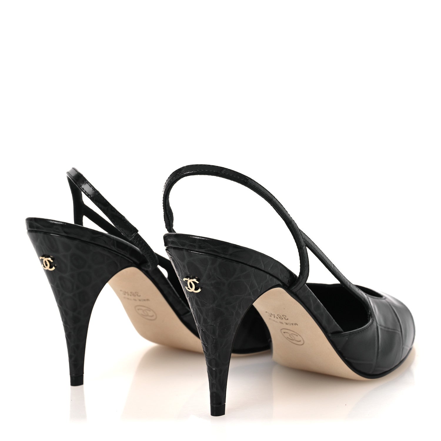 Chanel Patent Calfskin Crocodile Embossed Cap Toe CC Slingback Pumps 38.5 Dark Grey White 5 of 11