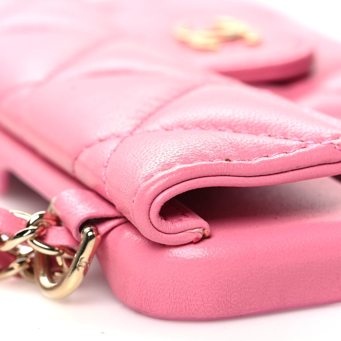 Lambskin Quilted Pearl Crush iPhone XII Pro Holder With Chain Pink