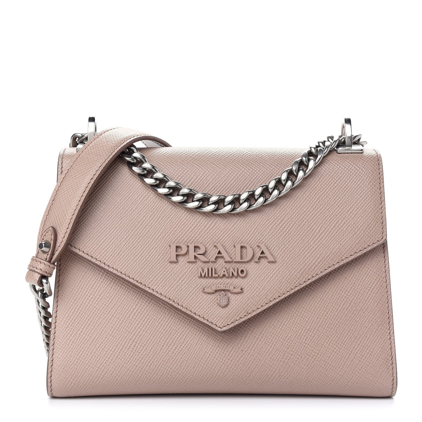 Saffiano Cuir Calfskin Monochrome Envelope Flap Chain Shoulder Bag Cipria