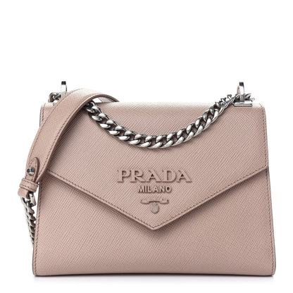 Prada Saffiano Cuir Calfskin Monochrome Envelope Flap Chain Shoulder Bag Cipria 1 of 13