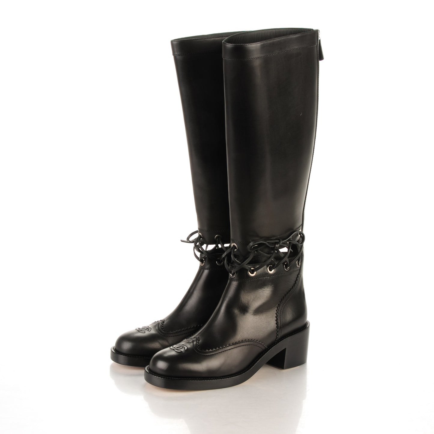 Calfskin Lace Up Knee High Boots 41.5 Black