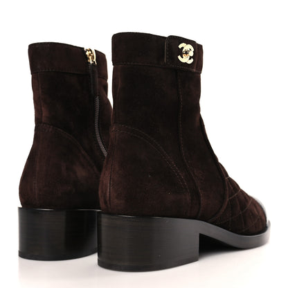 Chanel Suede Patent Calfskin Quilted Cap Toe Short Boots 38 Brown Black 4 of 9