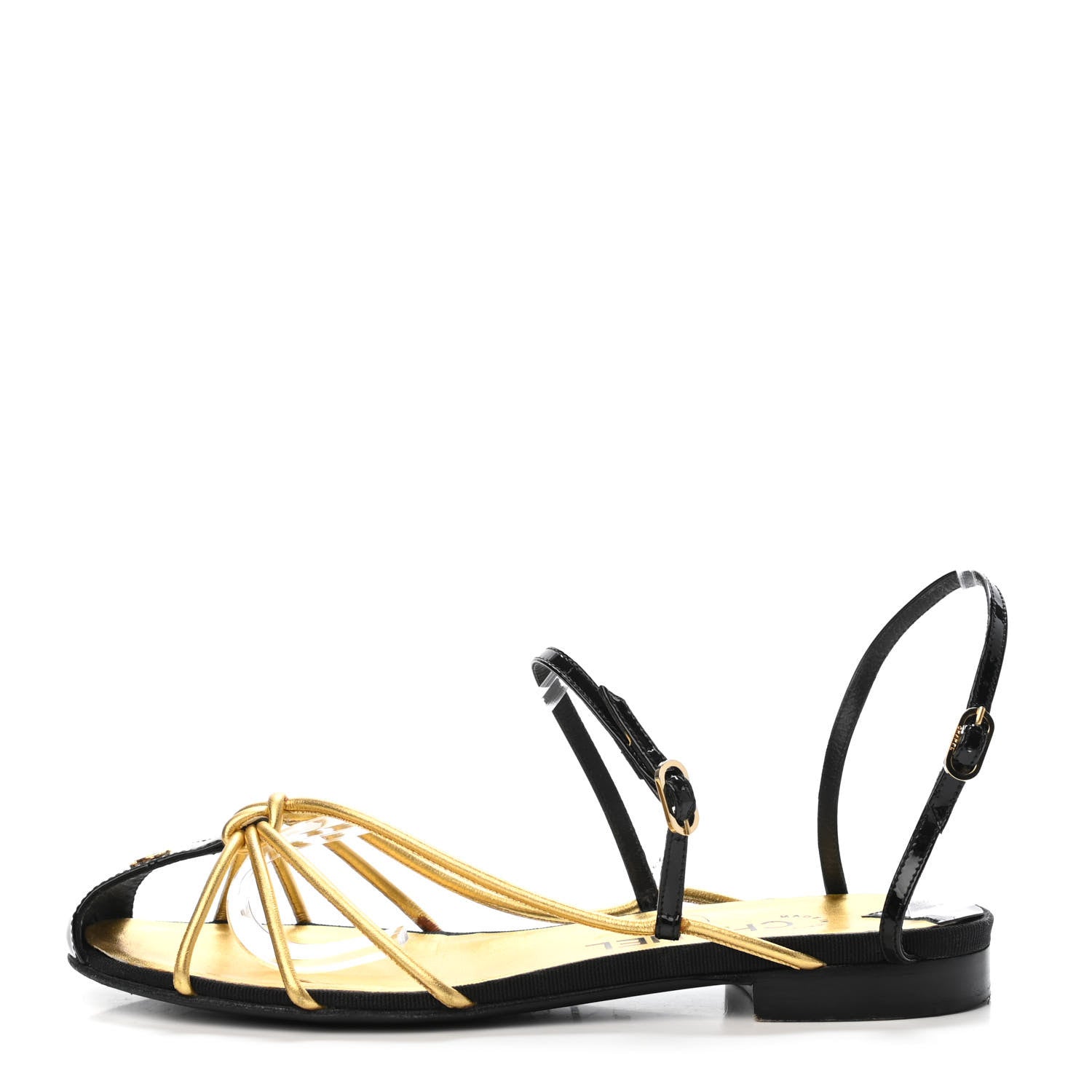 Chanel Metallic Lambskin Patent CC Strappy Flat Sandals 38 Gold Black 1 of 4