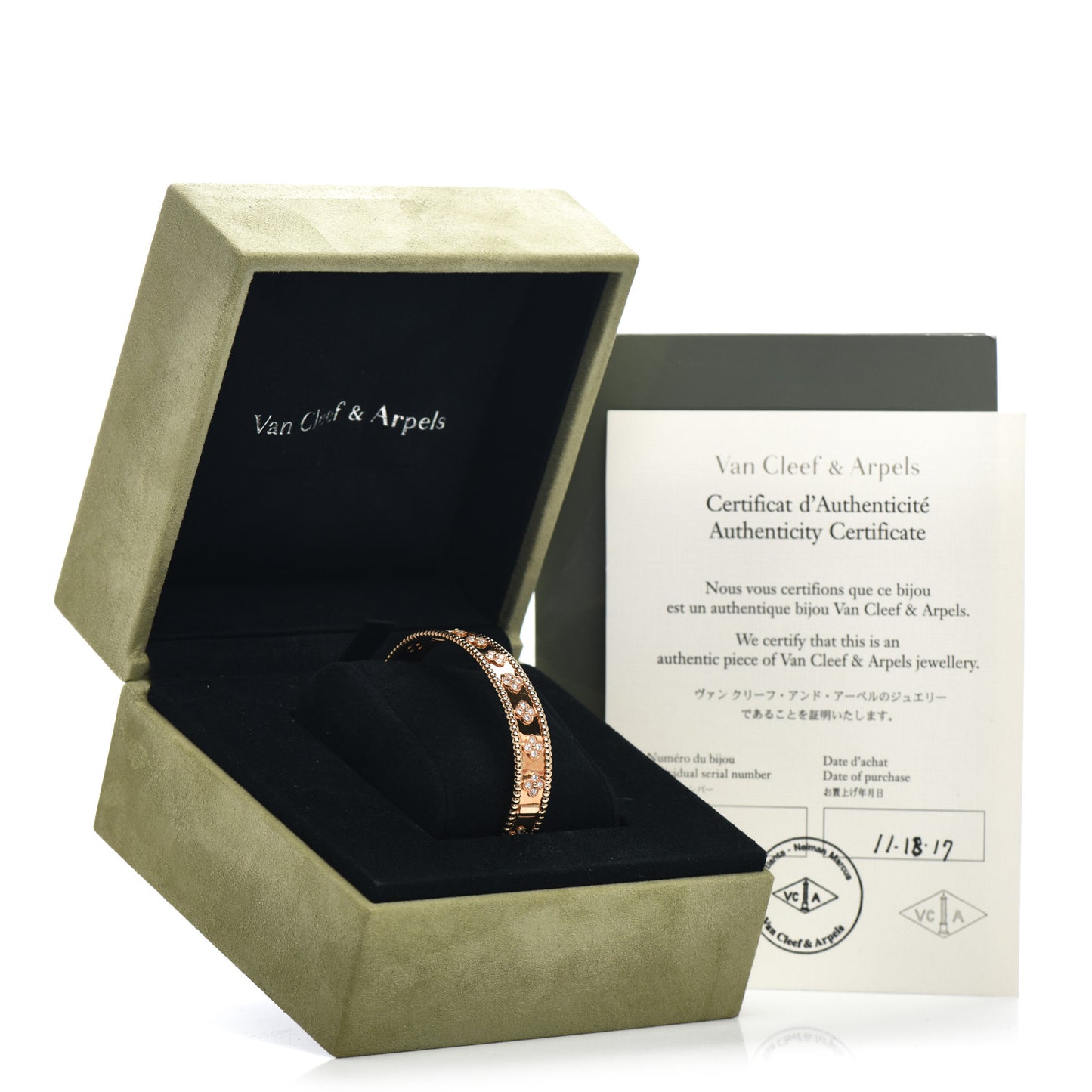 18K Rose Gold Diamond Perlee Clovers Bangle Bracelet L