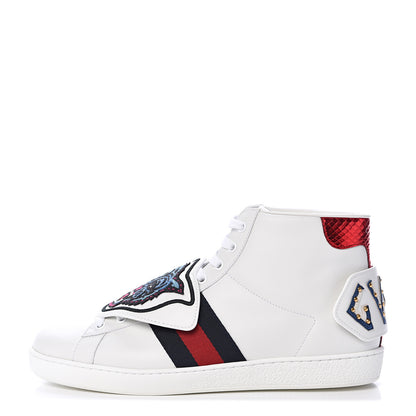 Gucci Calfskin Ayers Embroidered Web Mens Ace Removable Patches High Top Sneakers 8.5 White 1 of 7