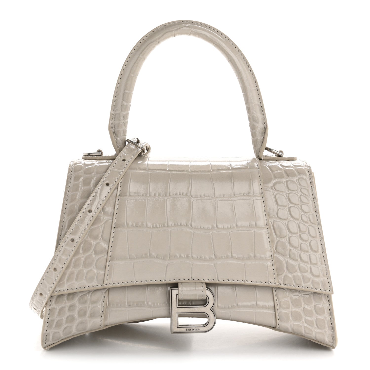 Balenciaga Shiny Calfskin Crocodile Embossed Small Hourglass Top Handle Bag Cold Beige 1 of 14