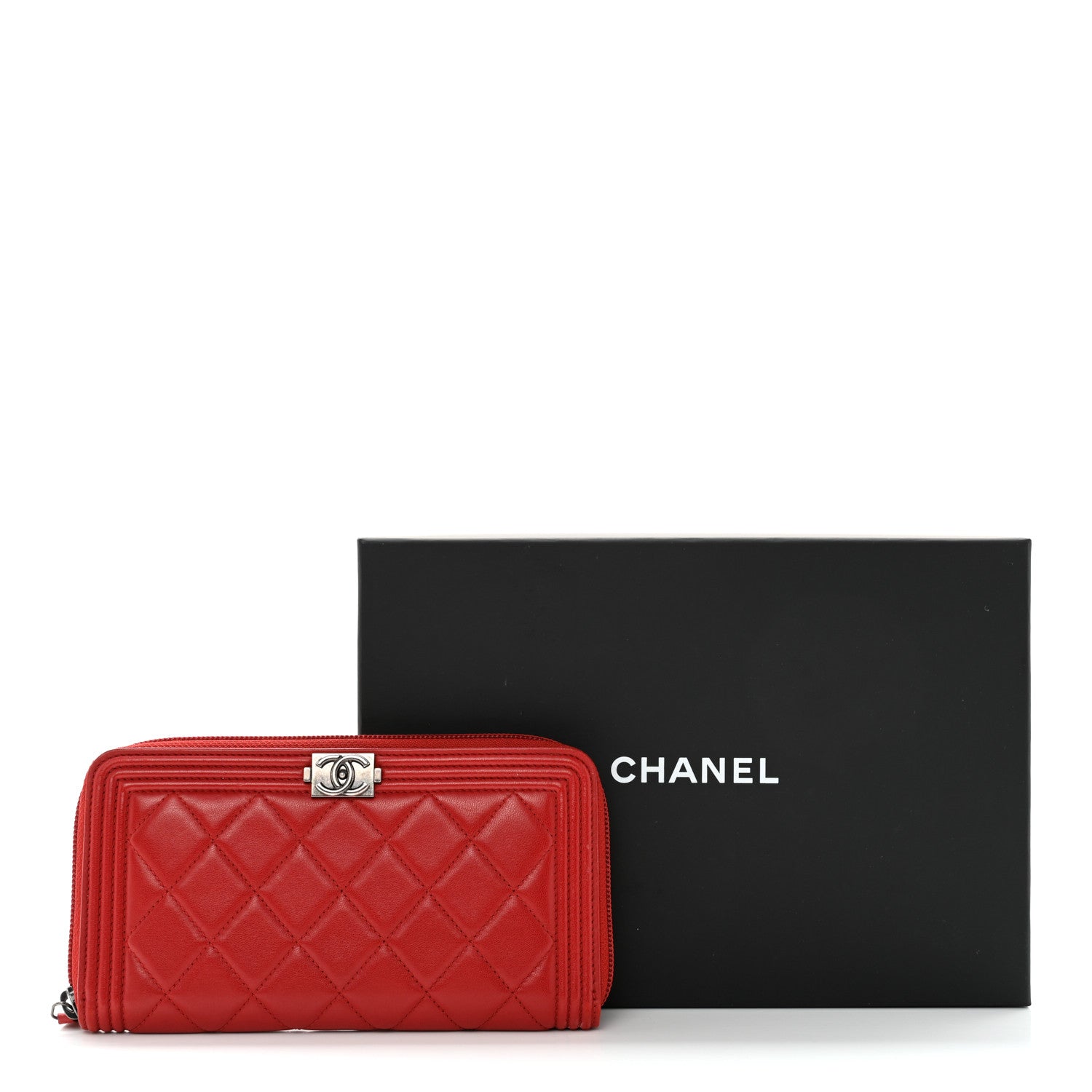 Chanel Lambskin Quilted Boy Zip Around Wallet Red 9 of 9