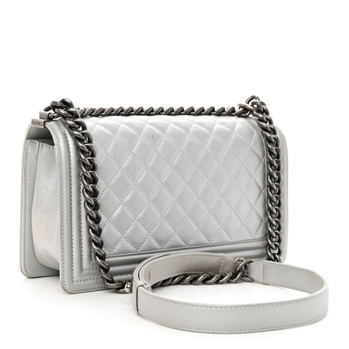 Metallic Lambskin Quilted Medium Boy Flap Silver