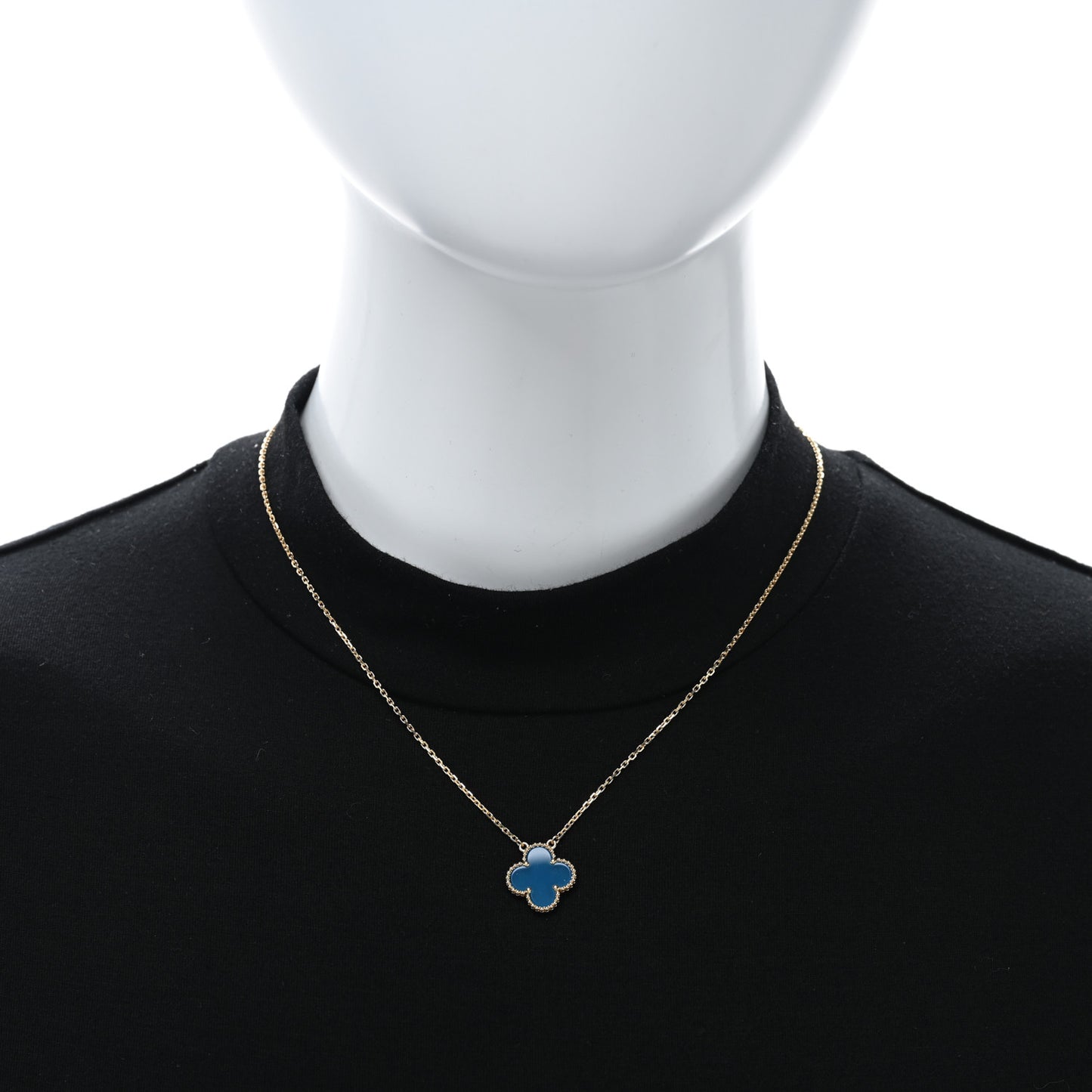 18K Yellow Gold Blue Agate Vintage Alhambra Pendant Necklace