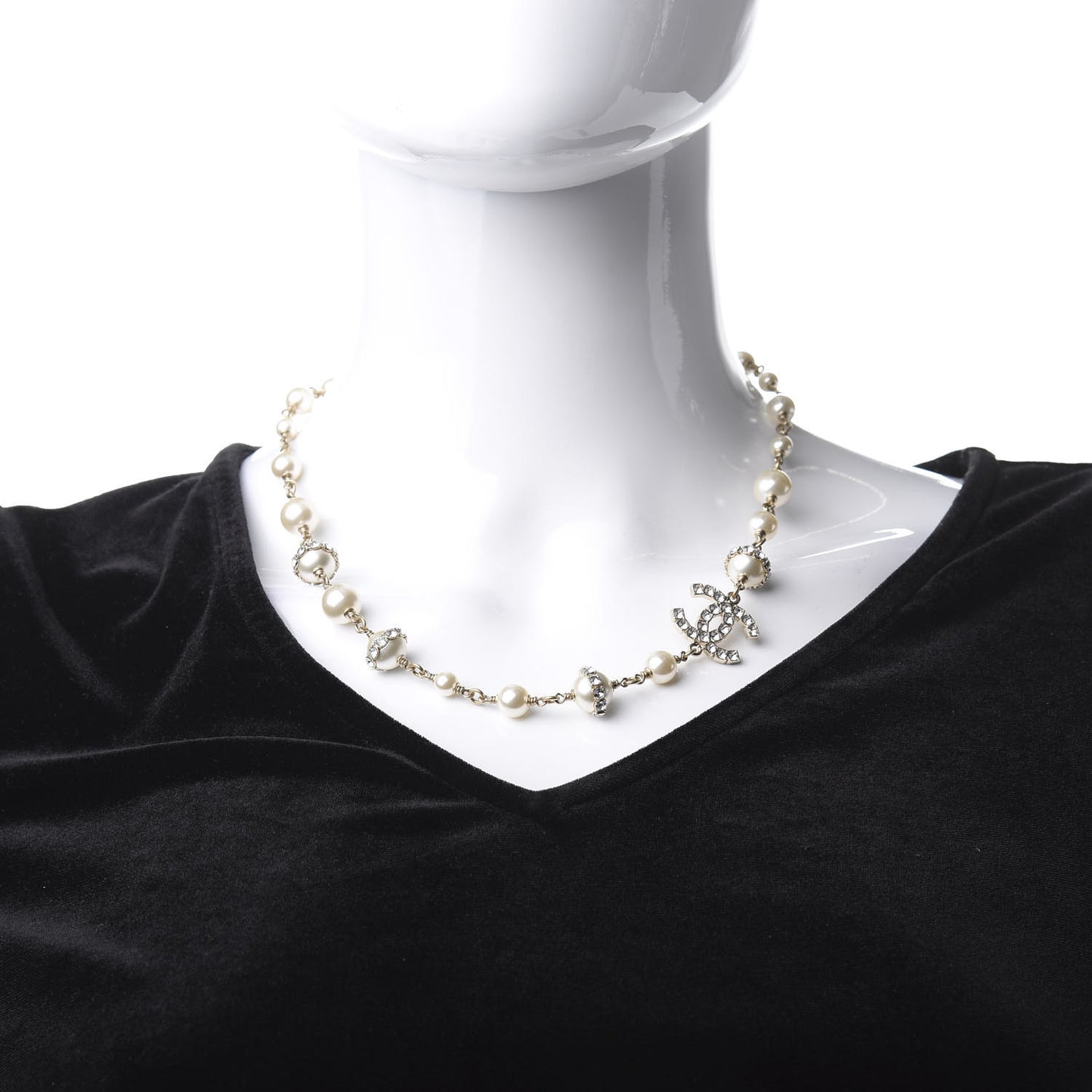 Crystal Pearl CC Long Necklace Gold
