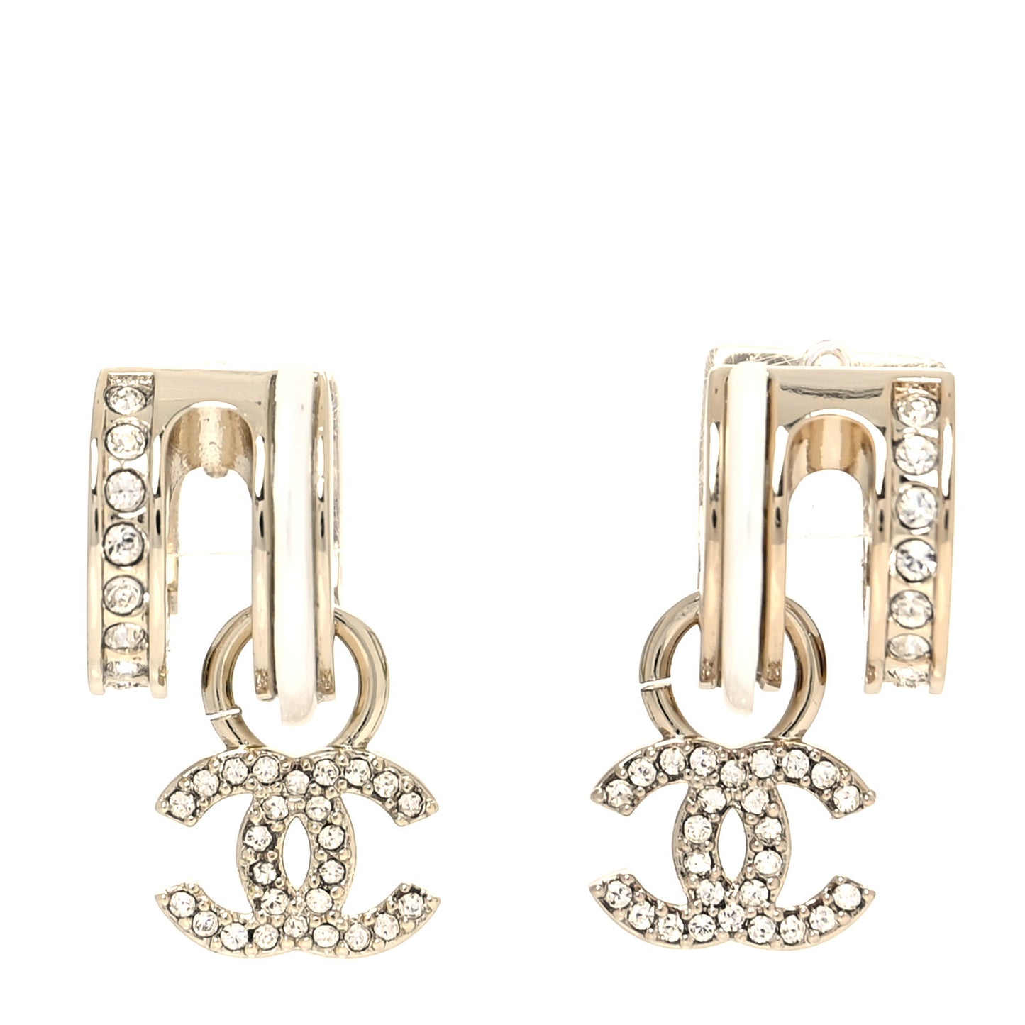 Crystal CC Hoop Drop Earrings Gold Pearly White
