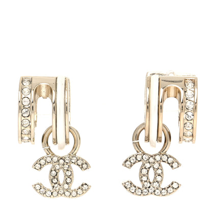 Chanel Crystal CC Hoop Drop Earrings Gold Pearly White 1 of 3