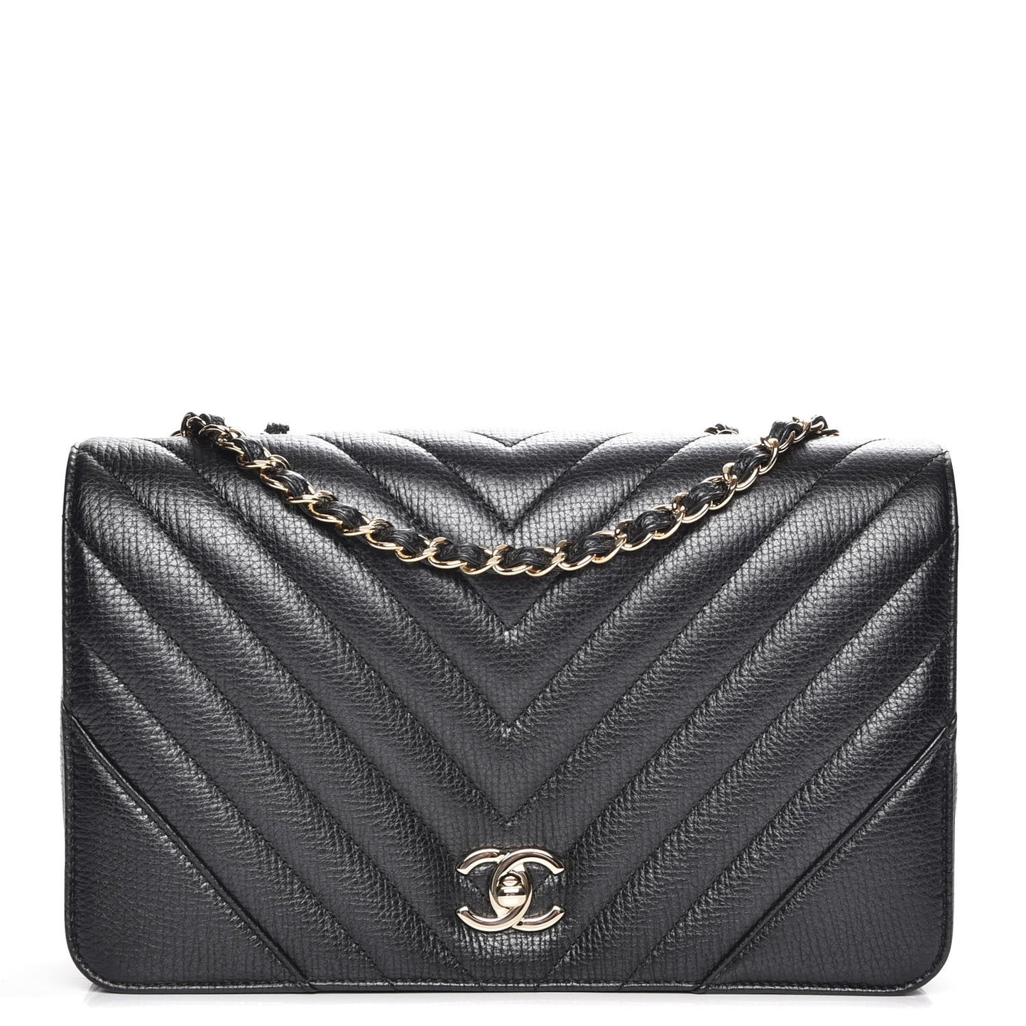 Metallic Calfskin Chevron Quilted Medium Statement Flap Black