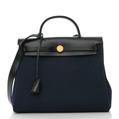 Hermes Military Toile Vache Hunter Herbag Zip Retourne 31 PM Bleu Marine Black 3 of 12